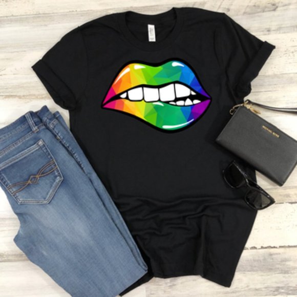 Bella Canvas Tops - Rainbow Lips black tee shirt